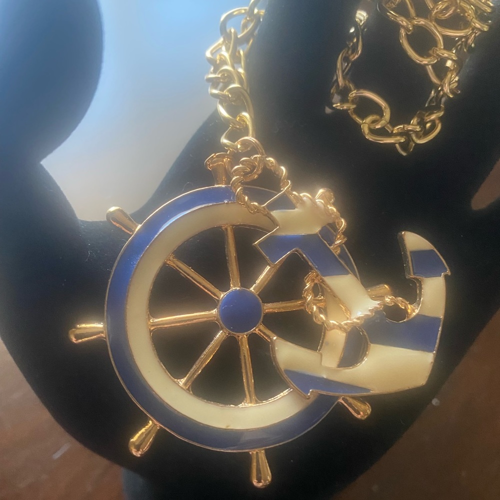 Nautical enamel necklace with wheel and anchor